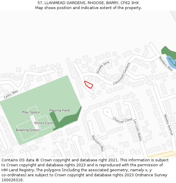 57, LLANMEAD GARDENS, RHOOSE, BARRY, CF62 3HX: Location map and indicative extent of plot