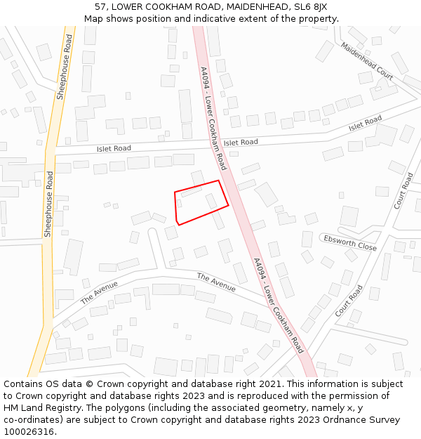 57, LOWER COOKHAM ROAD, MAIDENHEAD, SL6 8JX: Location map and indicative extent of plot