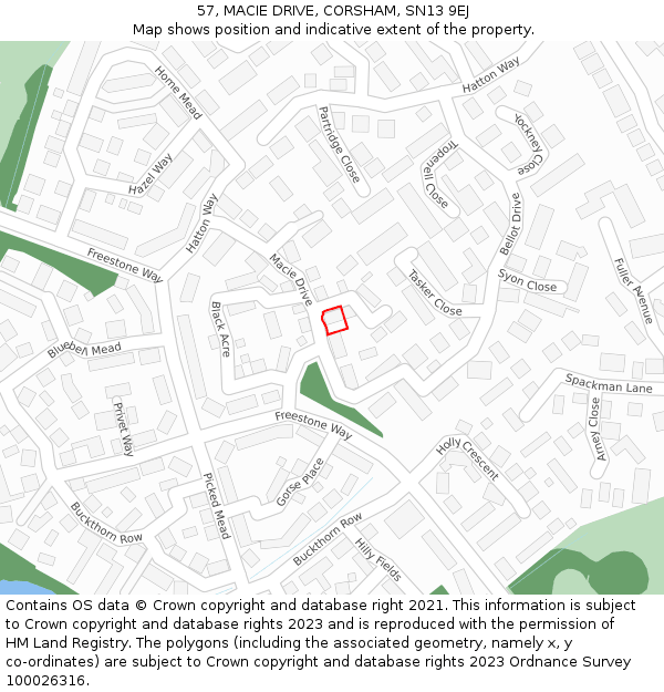 57, MACIE DRIVE, CORSHAM, SN13 9EJ: Location map and indicative extent of plot