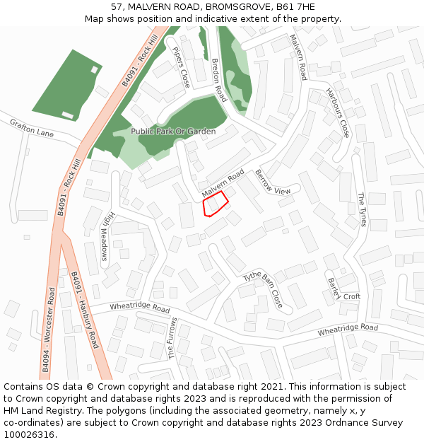 57, MALVERN ROAD, BROMSGROVE, B61 7HE: Location map and indicative extent of plot