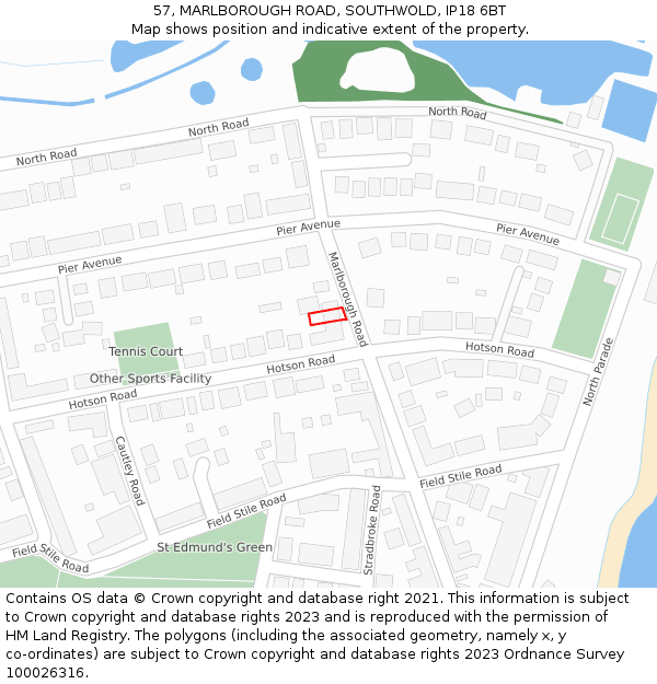 57, MARLBOROUGH ROAD, SOUTHWOLD, IP18 6BT: Location map and indicative extent of plot
