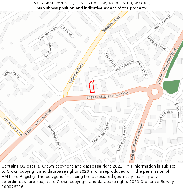 57, MARSH AVENUE, LONG MEADOW, WORCESTER, WR4 0HJ: Location map and indicative extent of plot