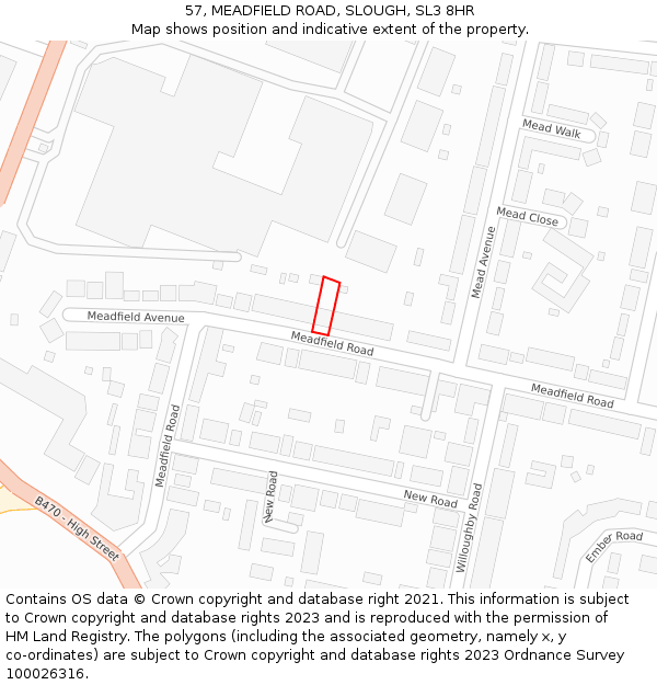 57, MEADFIELD ROAD, SLOUGH, SL3 8HR: Location map and indicative extent of plot