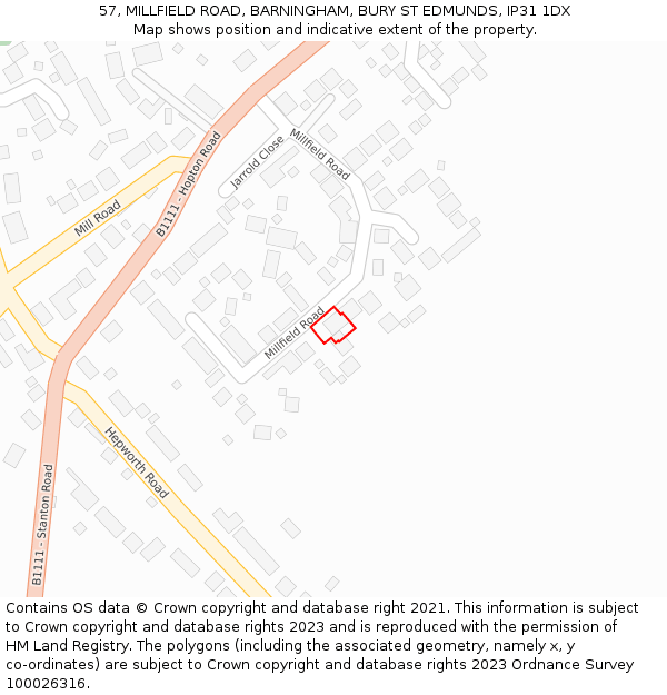 57, MILLFIELD ROAD, BARNINGHAM, BURY ST EDMUNDS, IP31 1DX: Location map and indicative extent of plot