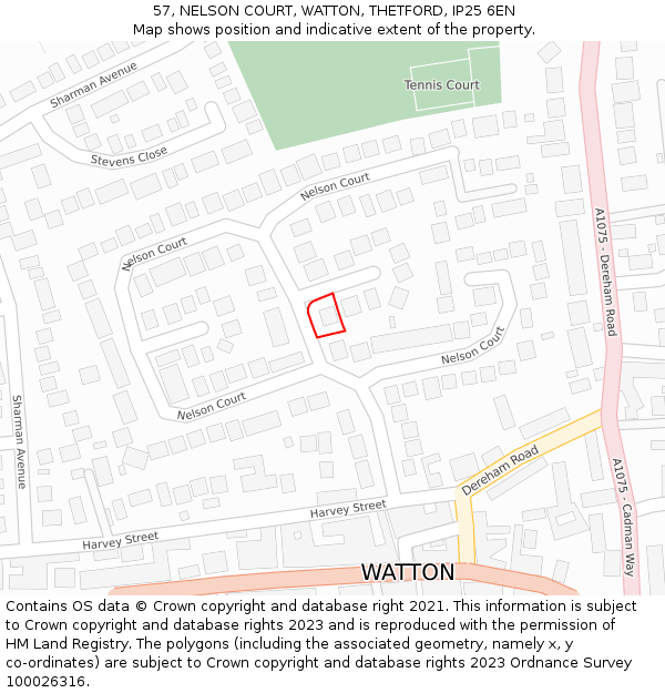 57, NELSON COURT, WATTON, THETFORD, IP25 6EN: Location map and indicative extent of plot