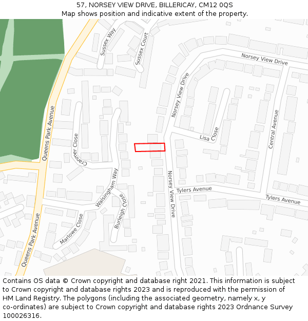 57, NORSEY VIEW DRIVE, BILLERICAY, CM12 0QS: Location map and indicative extent of plot