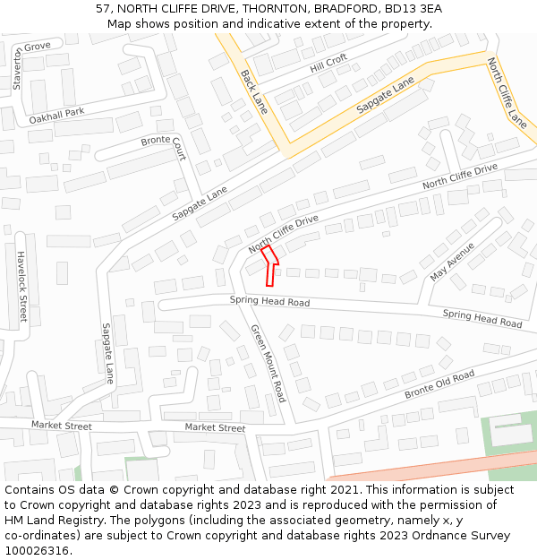 57, NORTH CLIFFE DRIVE, THORNTON, BRADFORD, BD13 3EA: Location map and indicative extent of plot