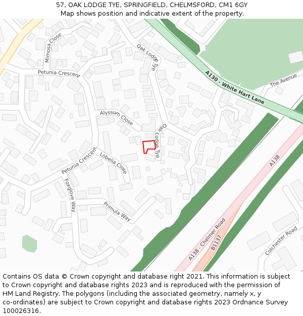 57, OAK LODGE TYE, SPRINGFIELD, CHELMSFORD, CM1 6GY: Location map and indicative extent of plot