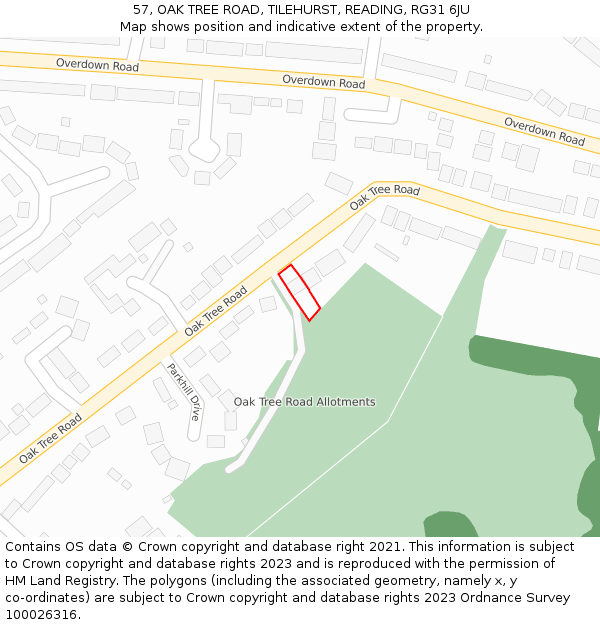 57, OAK TREE ROAD, TILEHURST, READING, RG31 6JU: Location map and indicative extent of plot