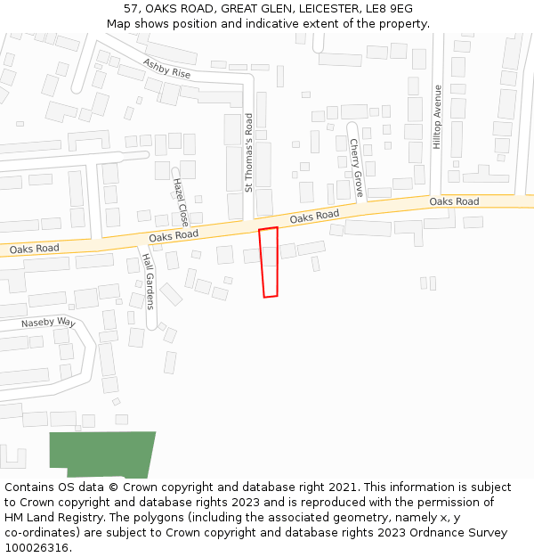 57, OAKS ROAD, GREAT GLEN, LEICESTER, LE8 9EG: Location map and indicative extent of plot