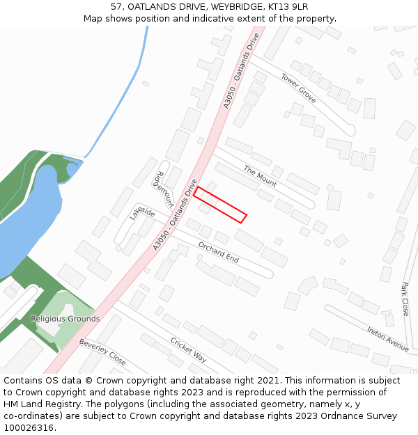 57, OATLANDS DRIVE, WEYBRIDGE, KT13 9LR: Location map and indicative extent of plot