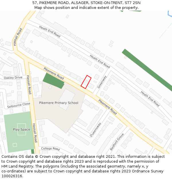 57, PIKEMERE ROAD, ALSAGER, STOKE-ON-TRENT, ST7 2SN: Location map and indicative extent of plot