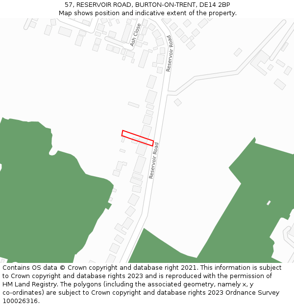 57, RESERVOIR ROAD, BURTON-ON-TRENT, DE14 2BP: Location map and indicative extent of plot