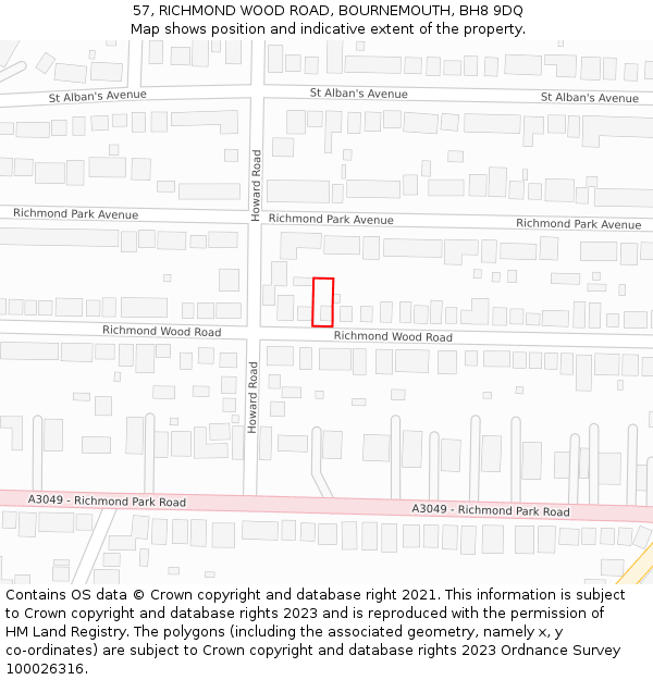 57, RICHMOND WOOD ROAD, BOURNEMOUTH, BH8 9DQ: Location map and indicative extent of plot