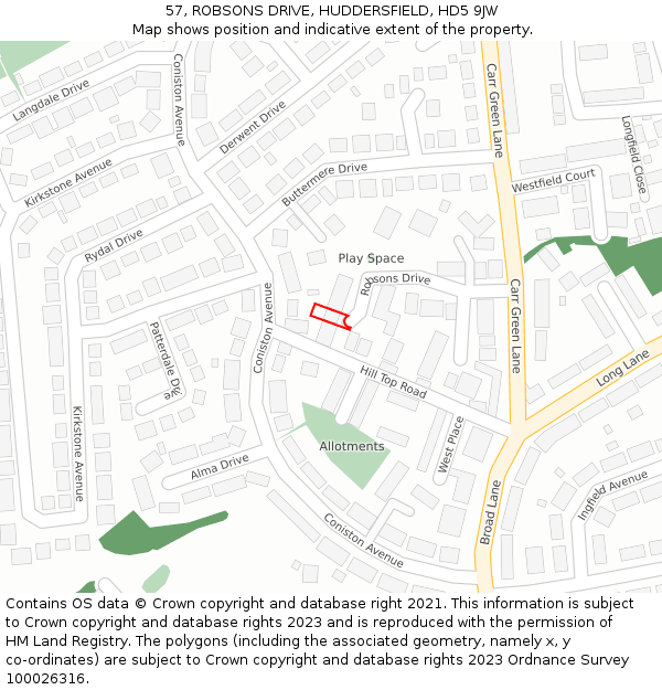 57, ROBSONS DRIVE, HUDDERSFIELD, HD5 9JW: Location map and indicative extent of plot