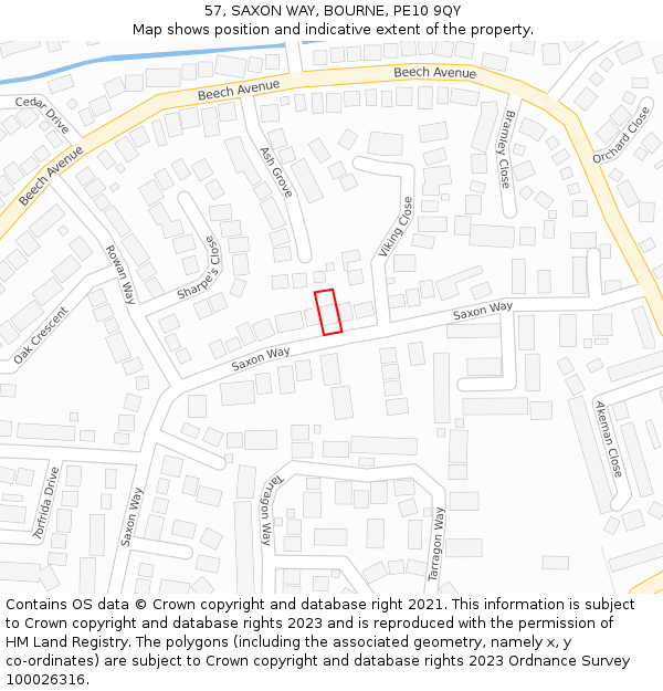 57, SAXON WAY, BOURNE, PE10 9QY: Location map and indicative extent of plot