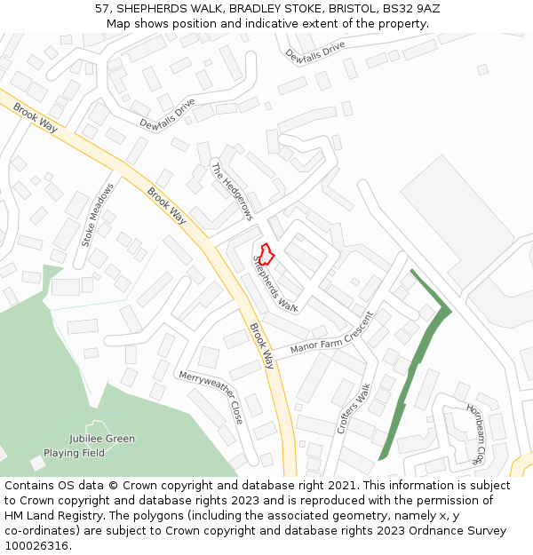 57, SHEPHERDS WALK, BRADLEY STOKE, BRISTOL, BS32 9AZ: Location map and indicative extent of plot