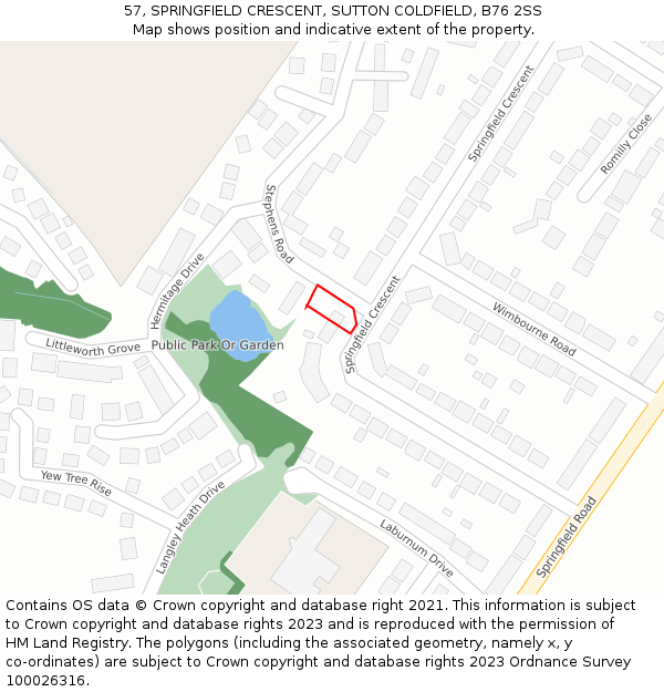 57, SPRINGFIELD CRESCENT, SUTTON COLDFIELD, B76 2SS: Location map and indicative extent of plot