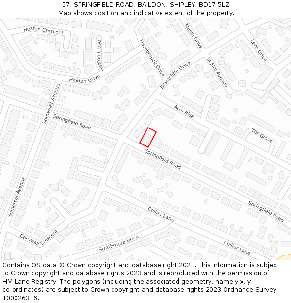 57, SPRINGFIELD ROAD, BAILDON, SHIPLEY, BD17 5LZ: Location map and indicative extent of plot