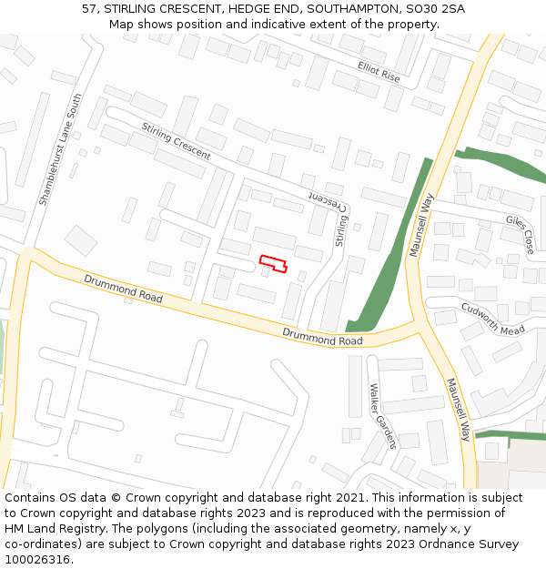 57, STIRLING CRESCENT, HEDGE END, SOUTHAMPTON, SO30 2SA: Location map and indicative extent of plot