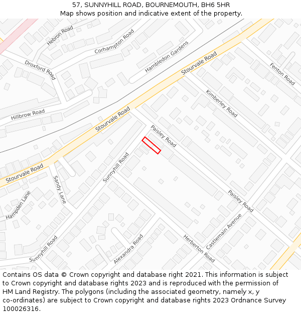57, SUNNYHILL ROAD, BOURNEMOUTH, BH6 5HR: Location map and indicative extent of plot
