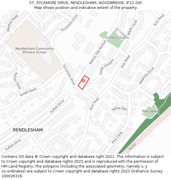 57, SYCAMORE DRIVE, RENDLESHAM, WOODBRIDGE, IP12 2GF: Location map and indicative extent of plot