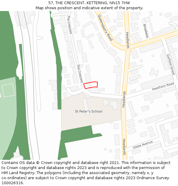 57, THE CRESCENT, KETTERING, NN15 7HW: Location map and indicative extent of plot