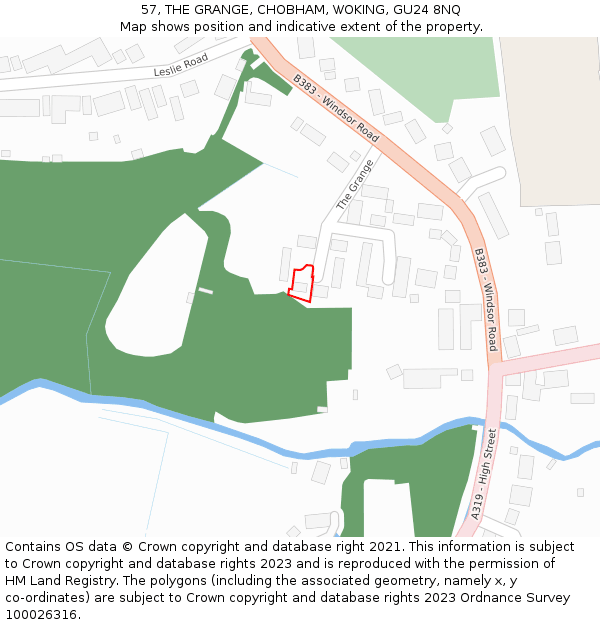57, THE GRANGE, CHOBHAM, WOKING, GU24 8NQ: Location map and indicative extent of plot
