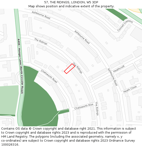 57, THE RIDINGS, LONDON, W5 3DP: Location map and indicative extent of plot