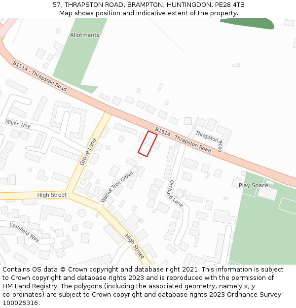 57, THRAPSTON ROAD, BRAMPTON, HUNTINGDON, PE28 4TB: Location map and indicative extent of plot