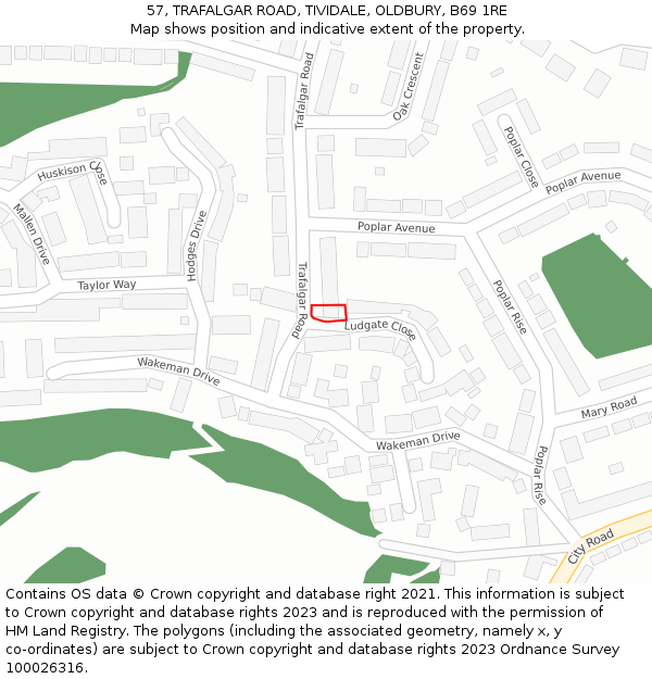 57, TRAFALGAR ROAD, TIVIDALE, OLDBURY, B69 1RE: Location map and indicative extent of plot