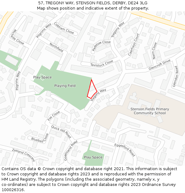 57, TREGONY WAY, STENSON FIELDS, DERBY, DE24 3LG: Location map and indicative extent of plot