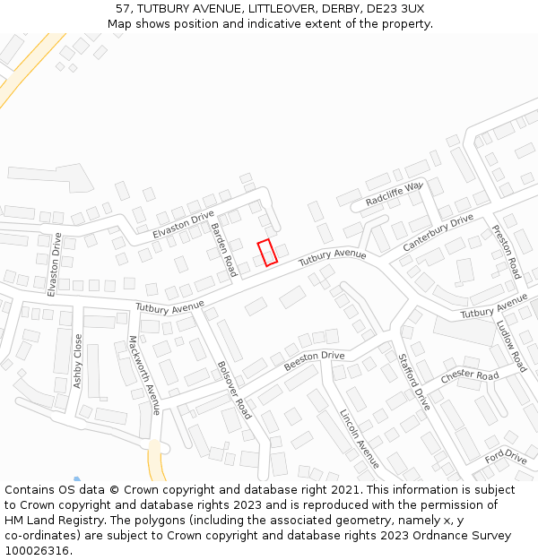 57, TUTBURY AVENUE, LITTLEOVER, DERBY, DE23 3UX: Location map and indicative extent of plot