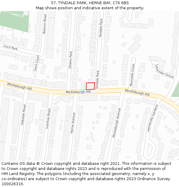 57, TYNDALE PARK, HERNE BAY, CT6 6BS: Location map and indicative extent of plot
