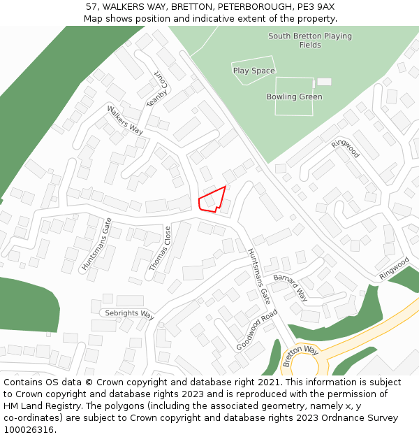 57, WALKERS WAY, BRETTON, PETERBOROUGH, PE3 9AX: Location map and indicative extent of plot
