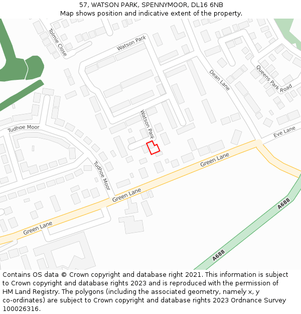 57, WATSON PARK, SPENNYMOOR, DL16 6NB: Location map and indicative extent of plot