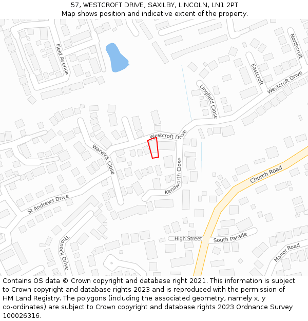 57, WESTCROFT DRIVE, SAXILBY, LINCOLN, LN1 2PT: Location map and indicative extent of plot