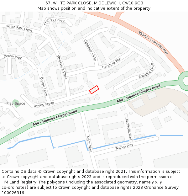 57, WHITE PARK CLOSE, MIDDLEWICH, CW10 9GB: Location map and indicative extent of plot