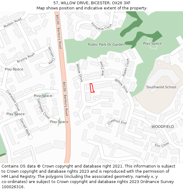 57, WILLOW DRIVE, BICESTER, OX26 3XF: Location map and indicative extent of plot