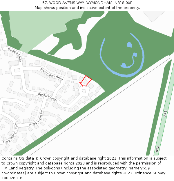 57, WOOD AVENS WAY, WYMONDHAM, NR18 0XP: Location map and indicative extent of plot