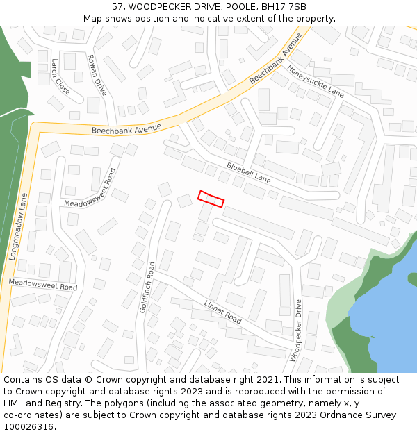 57, WOODPECKER DRIVE, POOLE, BH17 7SB: Location map and indicative extent of plot