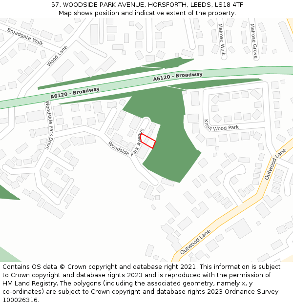 57, WOODSIDE PARK AVENUE, HORSFORTH, LEEDS, LS18 4TF: Location map and indicative extent of plot