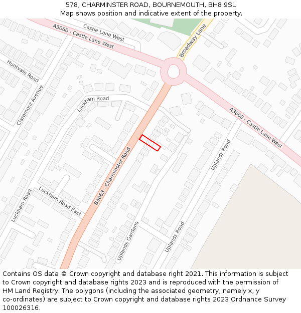 578, CHARMINSTER ROAD, BOURNEMOUTH, BH8 9SL: Location map and indicative extent of plot