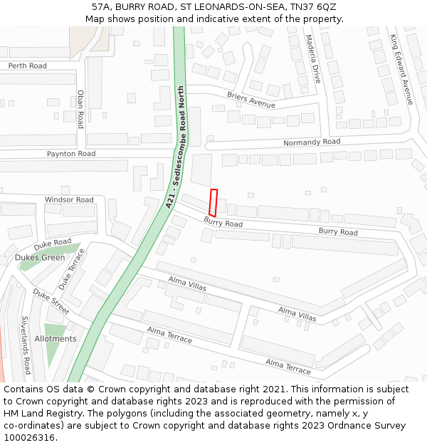 57A, BURRY ROAD, ST LEONARDS-ON-SEA, TN37 6QZ: Location map and indicative extent of plot