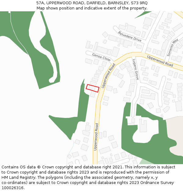 57A, UPPERWOOD ROAD, DARFIELD, BARNSLEY, S73 9RQ: Location map and indicative extent of plot