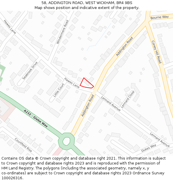 58, ADDINGTON ROAD, WEST WICKHAM, BR4 9BS: Location map and indicative extent of plot