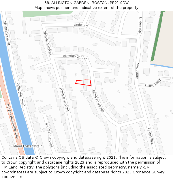 58, ALLINGTON GARDEN, BOSTON, PE21 9DW: Location map and indicative extent of plot