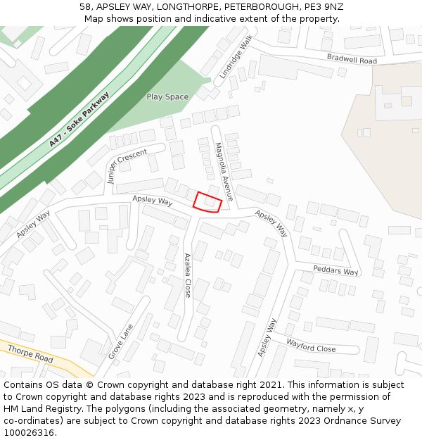 58, APSLEY WAY, LONGTHORPE, PETERBOROUGH, PE3 9NZ: Location map and indicative extent of plot
