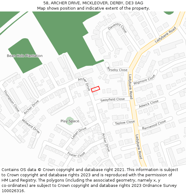 58, ARCHER DRIVE, MICKLEOVER, DERBY, DE3 0AG: Location map and indicative extent of plot