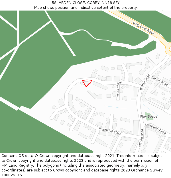 58, ARDEN CLOSE, CORBY, NN18 8FY: Location map and indicative extent of plot